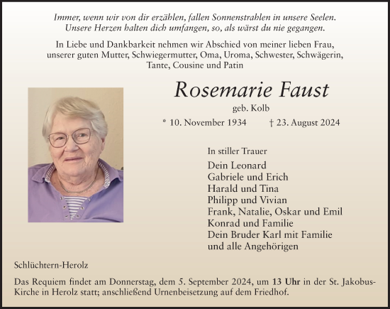 Traueranzeige von Rosemarie Faust von FZ