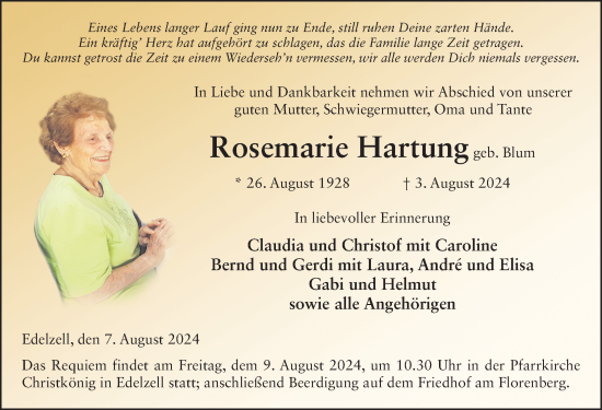 Traueranzeige von Rosemarie Hartung von FZ