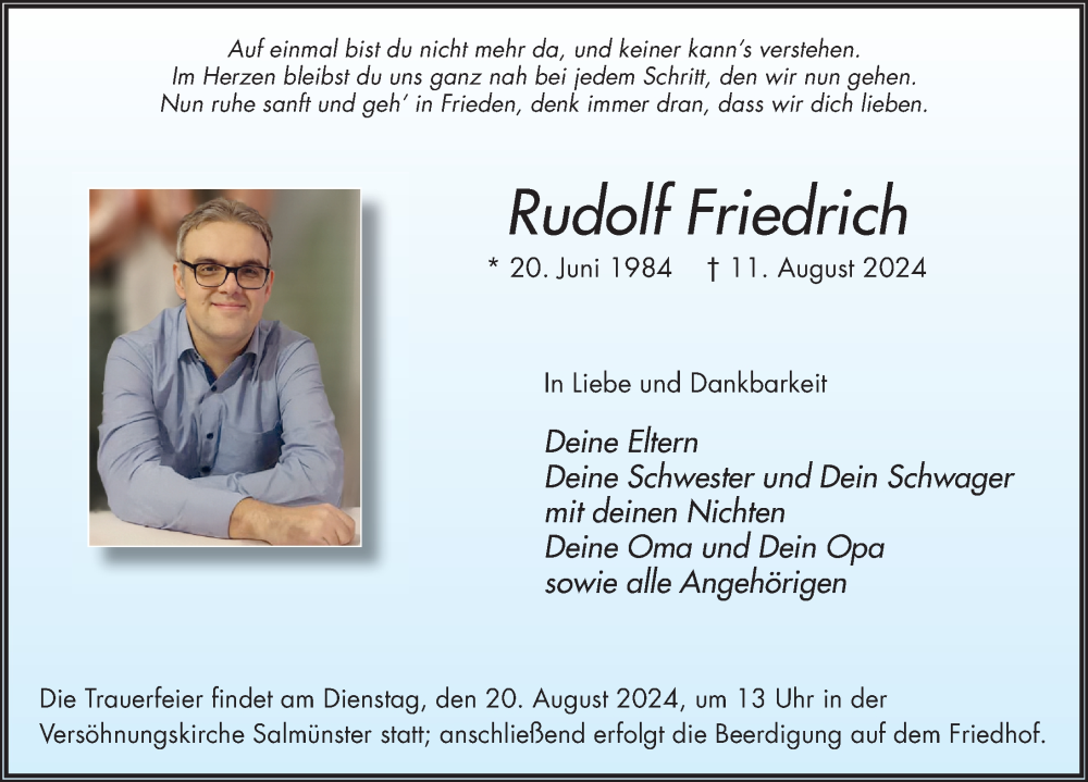  Traueranzeige für Rudolf Friedrich vom 17.08.2024 aus FZ