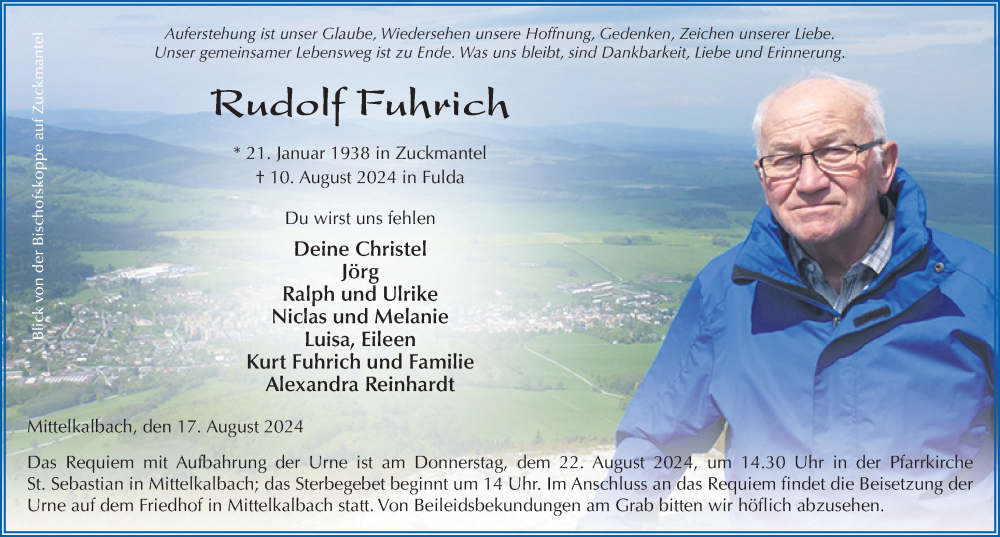  Traueranzeige für Rudolf Fuhrich vom 17.08.2024 aus FZ