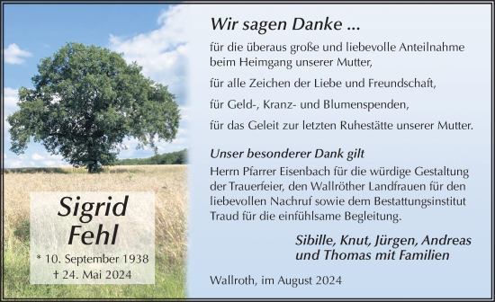 Traueranzeige von Sigrid Fehl von FZ