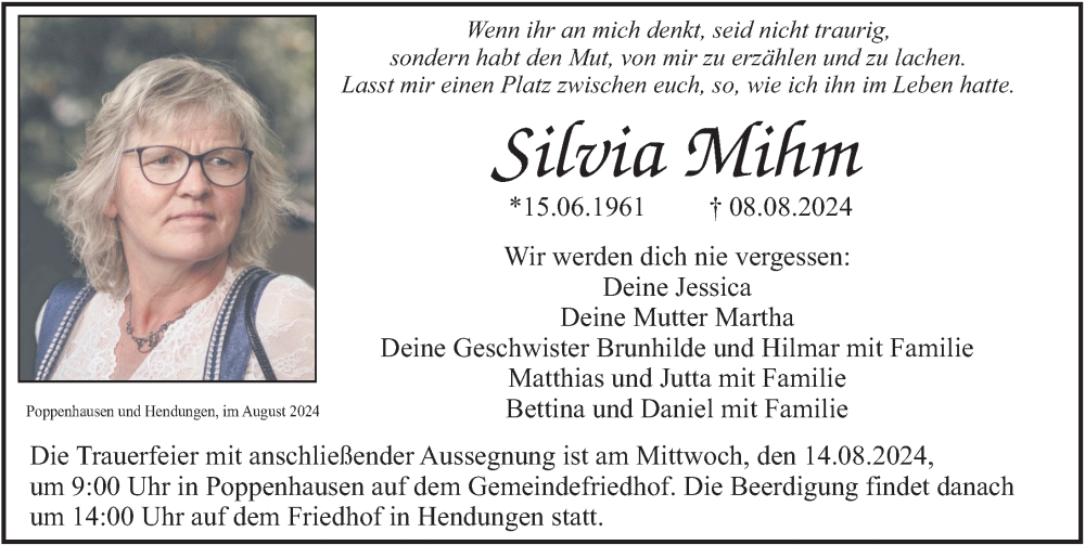  Traueranzeige für Silvia Mihm vom 10.08.2024 aus FZ