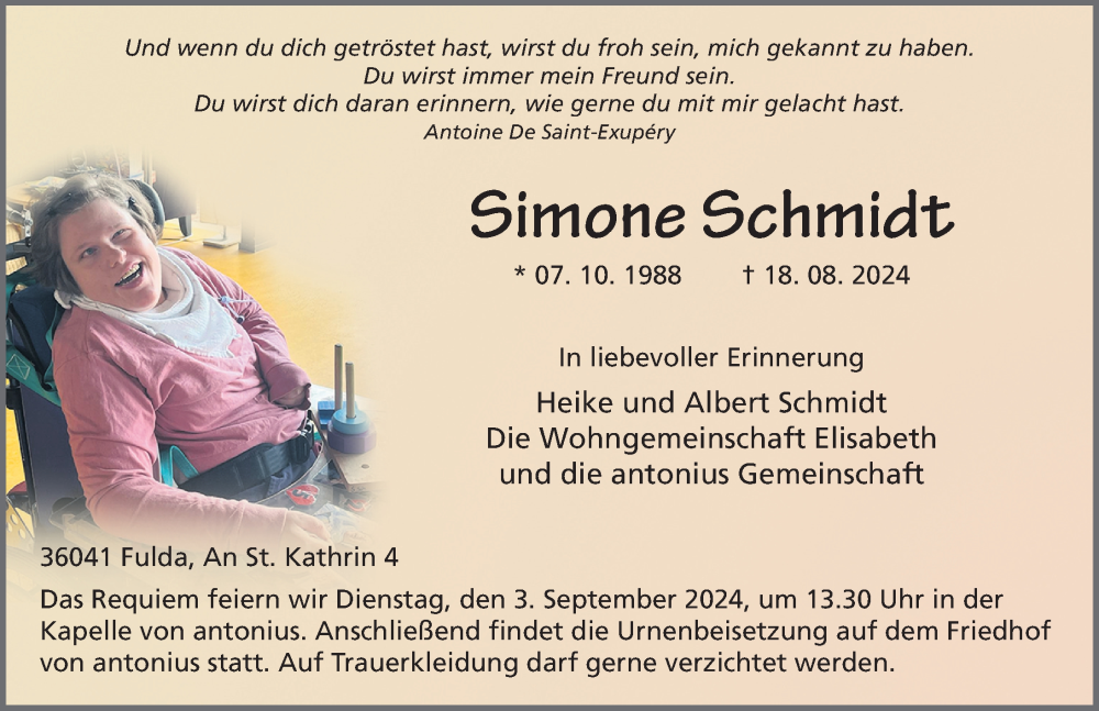  Traueranzeige für Simone Schmidt vom 30.08.2024 aus FZ