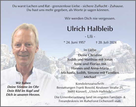Traueranzeige von Ulrich Halbleib von FZ
