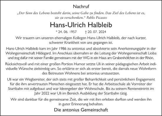 Traueranzeige von Ulrich Halbleib von FZ