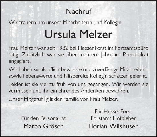 Traueranzeige von Ursula Melzer von FZ