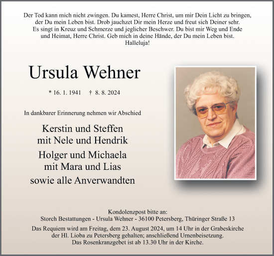Traueranzeige von Ursula Wehner von FZ