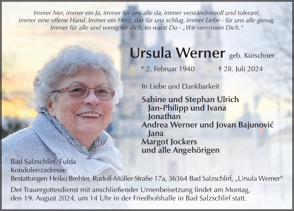  Traueranzeige für Ursula Werner vom 14.08.2024 aus FZ
