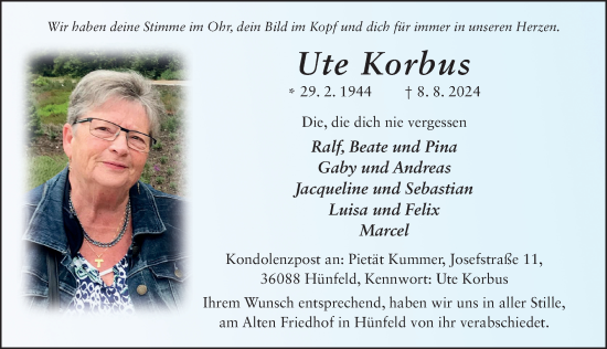 Traueranzeige von Ute Korbus von FZ
