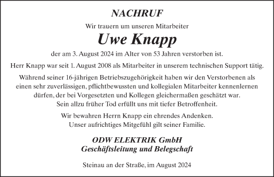 Traueranzeige von Uwe Knapp von FZ