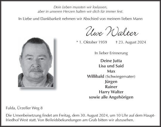 Traueranzeige von Uwe Walter von FZ