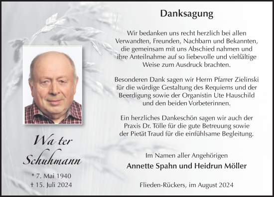 Traueranzeige von Walter Schuhmann von FZ