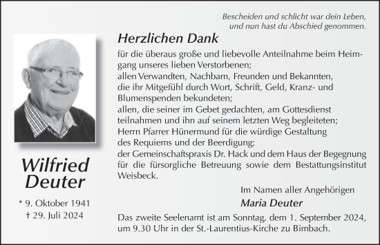 Traueranzeige von Wilfried Deuter von FZ