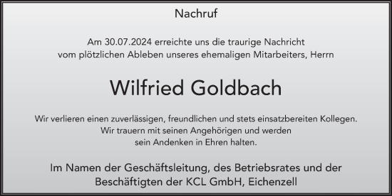 Traueranzeige von Wilfried Goldbach von FZ