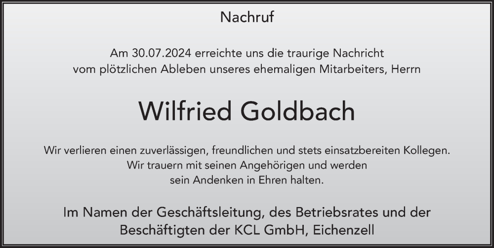 Traueranzeige für Wilfried Goldbach vom 10.08.2024 aus FZ