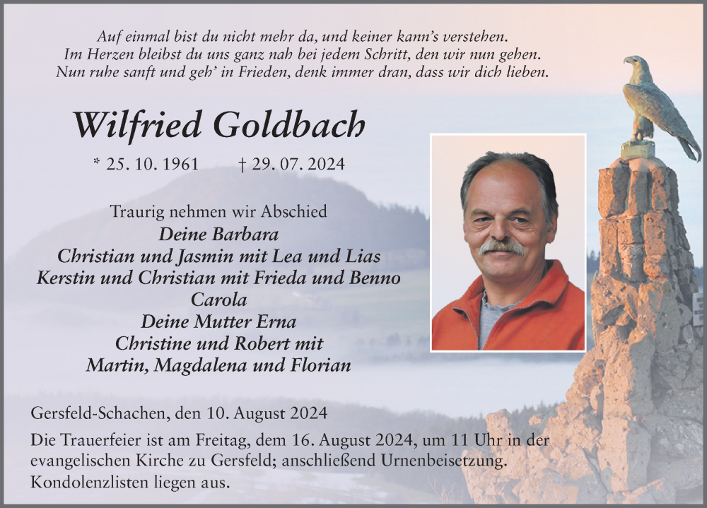  Traueranzeige für Wilfried Goldbach vom 10.08.2024 aus FZ