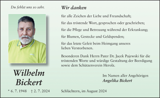 Traueranzeige von Wilhelm Bickert von FZ