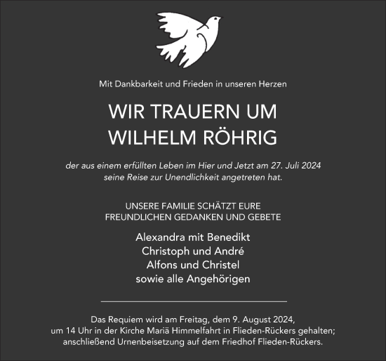 Traueranzeige von Wilhelm Röhrig von FZ