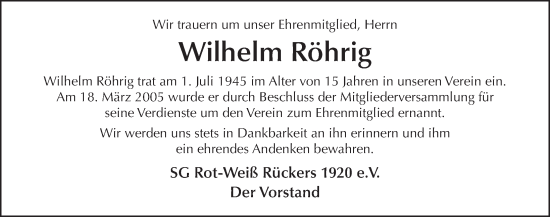 Traueranzeige von Wilhelm Röhrig von FZ