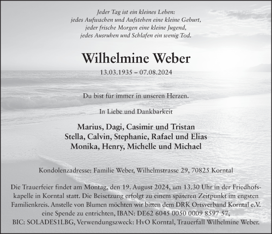 Traueranzeige von Wilhelmine Weber von FZ