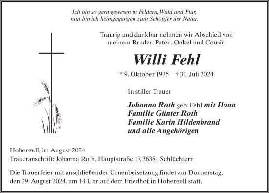 Traueranzeige von Willi Fehl von FZ