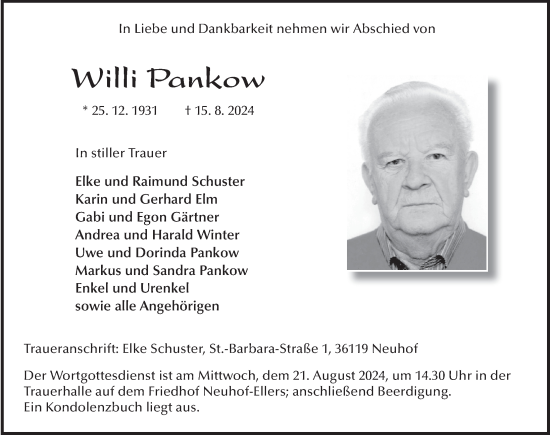 Traueranzeige von Willi Pankow von FZ