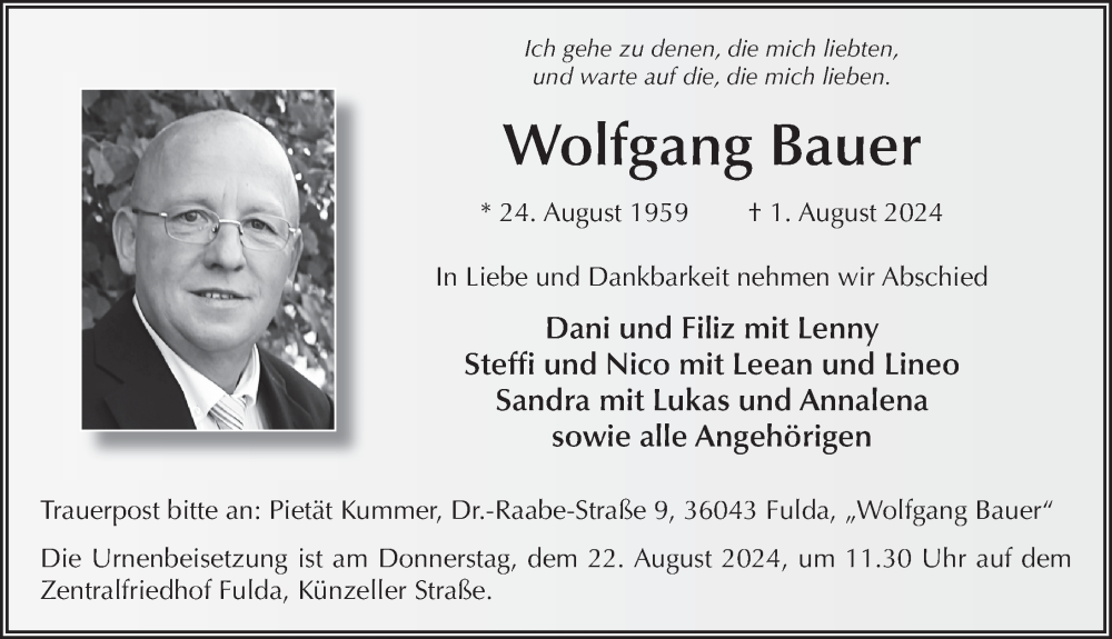 Traueranzeige für Wolfgang Bauer vom 13.08.2024 aus FZ