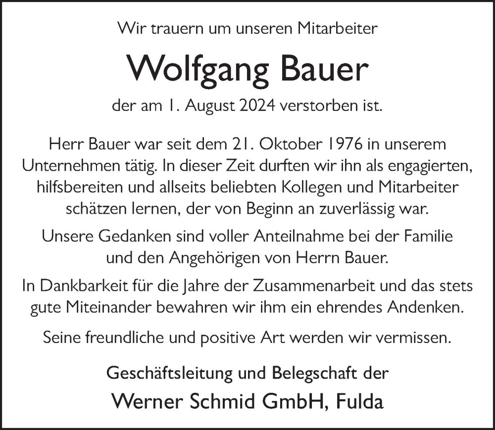  Traueranzeige für Wolfgang Bauer vom 13.08.2024 aus FZ