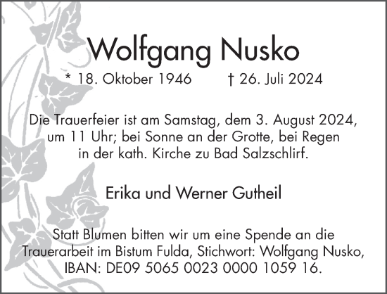Traueranzeige von Wolfgang Nusko von FZ