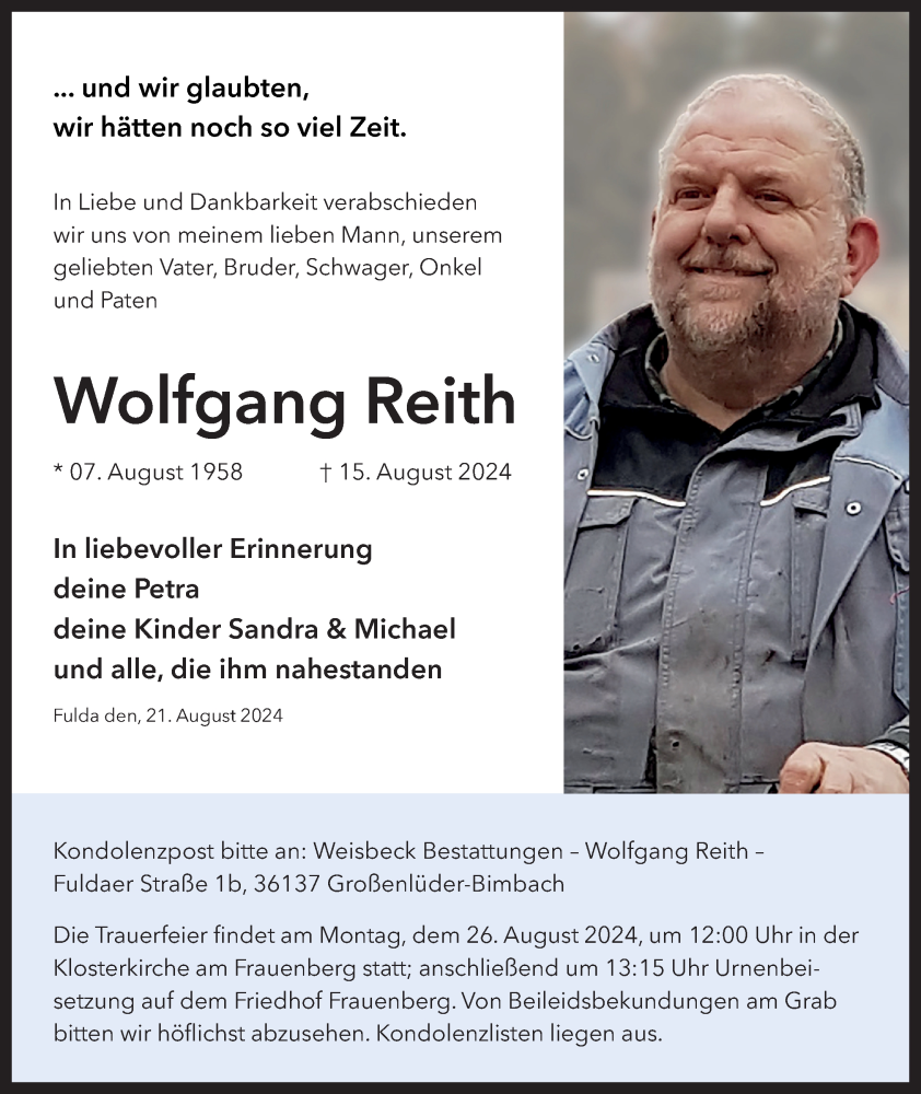  Traueranzeige für Wolfgang Reith vom 21.08.2024 aus FZ