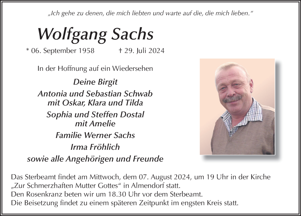  Traueranzeige für Wolfgang Sachs vom 03.08.2024 aus FZ