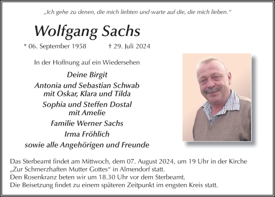 Traueranzeige von Wolfgang Sachs von FZ
