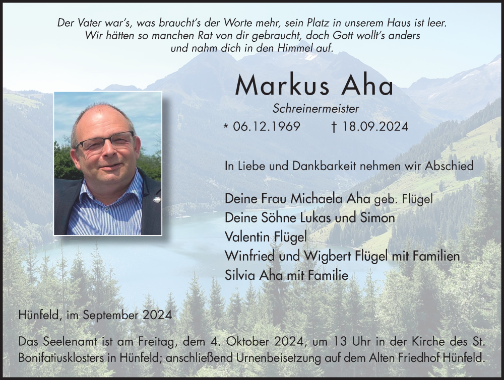  Traueranzeige für Markus Aha vom 30.09.2024 aus FZ