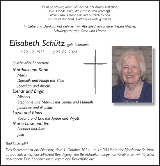 Traueranzeige von Elisabeth Schütz von FZ