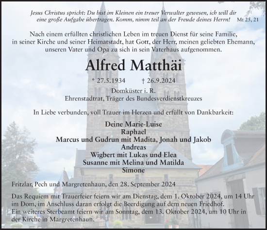 Traueranzeige von Alfred Matthäi von FZ