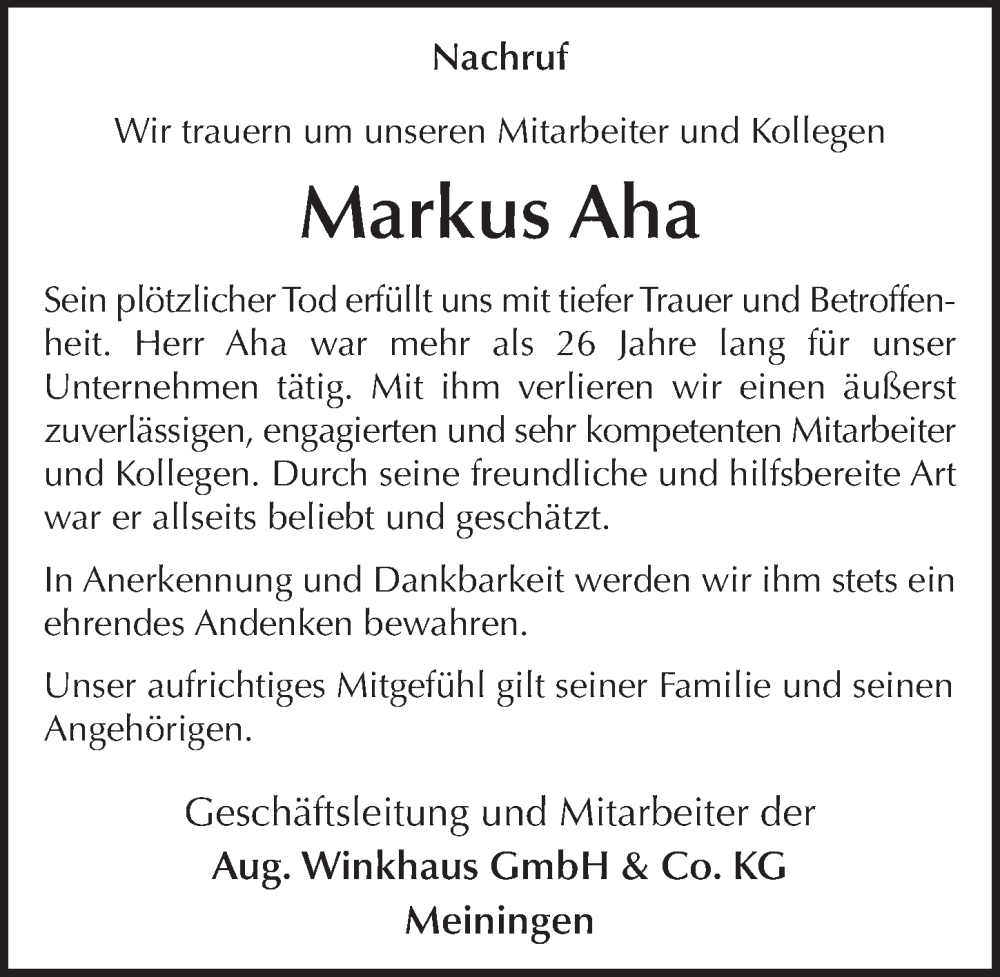  Traueranzeige für Markus Aha vom 30.09.2024 aus FZ