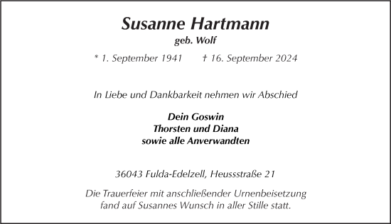 Traueranzeige von Susanne Hartmann von FZ