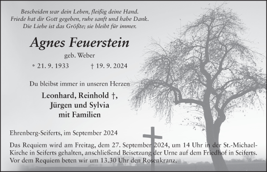 Traueranzeige von Agnes Feuerstein von FZ