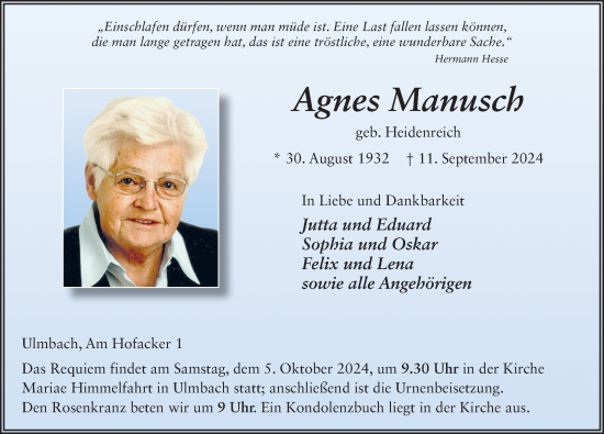 Traueranzeige von Agnes Manusch von FZ