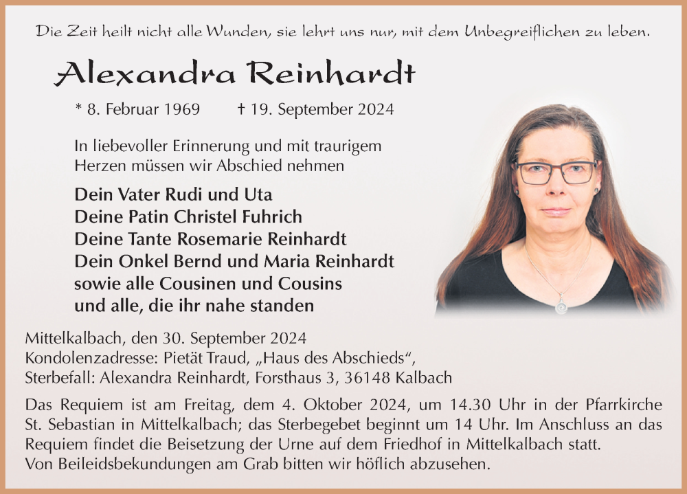  Traueranzeige für Alexandra Reinhardt vom 30.09.2024 aus FZ