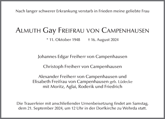 Traueranzeige von Almuth Gay Freifrau von Campenhausen von FZ