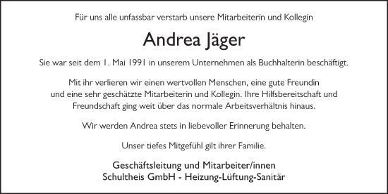 Traueranzeige von Andrea Jäger von FZ
