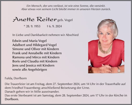 Traueranzeige von Anette Reiter von FZ