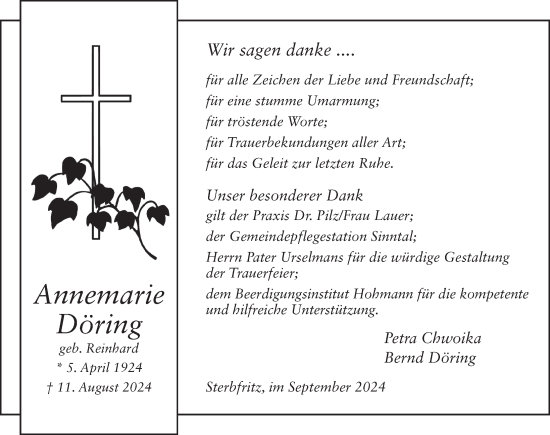 Traueranzeige von Annemarie Döring von FZ