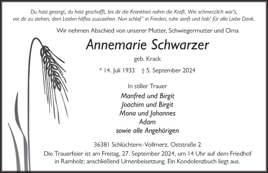 Traueranzeige von Annemarie Schwarzer von FZ