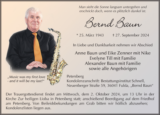 Traueranzeige von Bernd Baun  von FZ