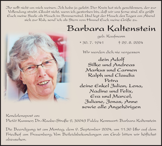Traueranzeige von Barbara Kaltenstein von FZ
