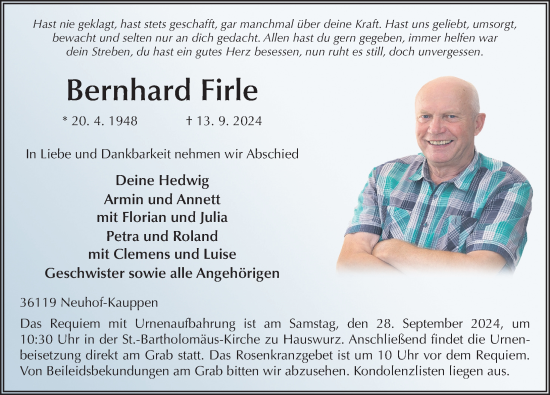 Traueranzeige von Bernhard Firle von FZ