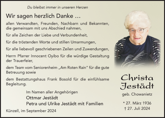 Traueranzeige von Christa Jestädt von FZ