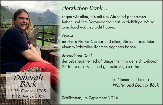 Traueranzeige von Deborah Böck von FZ